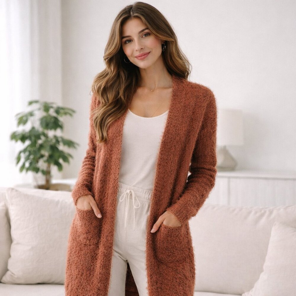 Symple Fuzzy Cardigan M Rust Open Front Cozy Boho Lagenlook Chic Sweater
